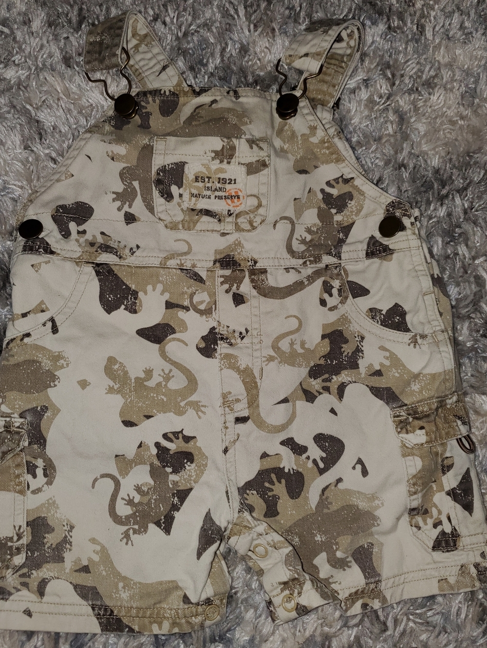 12 Month Tan & Brown Lizard Print Baby Short Overalls